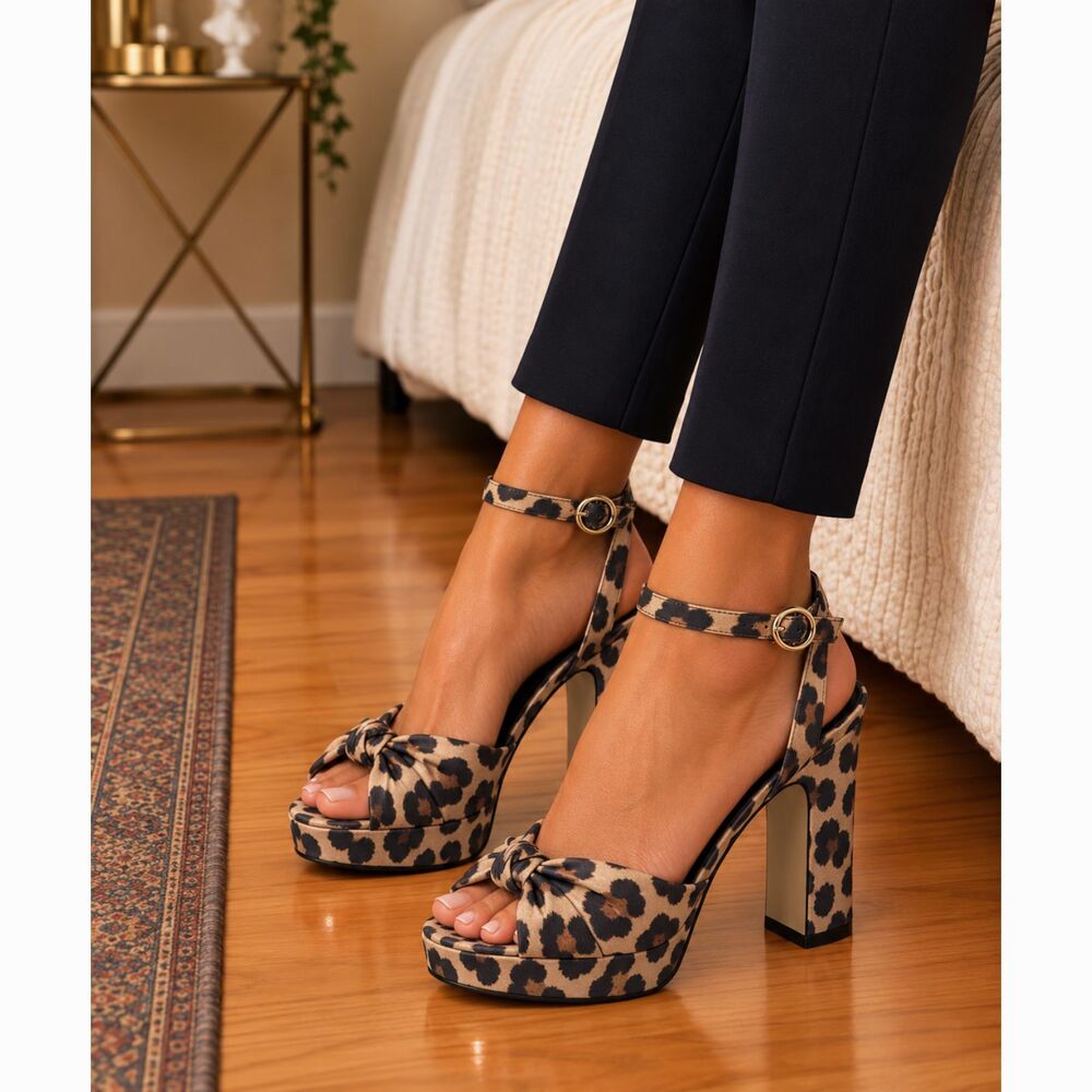 Rampage Womens 8M Leopard Platform Heels Peep Toe Bow Ankle Strap Mob Wife